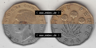 Alte Münzen Großbritannien Umlaufmünze 1937-1948, 3 Pence, Three Pence 1944 (Stück 1), George VI, GEORGIVS VI D G BR OMN REX... Sammlung