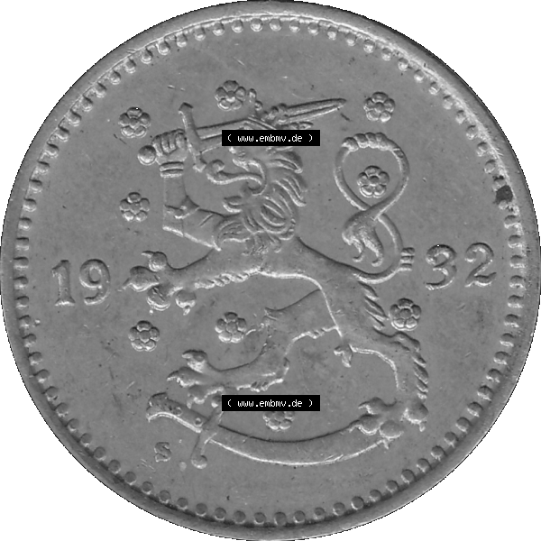 Grau bzw. s/w Alte Münzen KMS Finnland, Kursmünzensatz in PNG Design einer finnischen Münze 1928-1940, 1 finnische Mark, Markka 1932. Vorderseite einer Münze in transparenten... Sammlung Graustufen