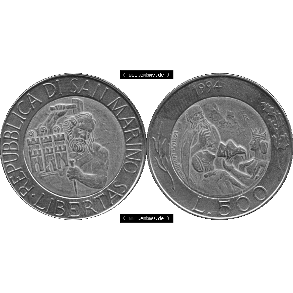 Grau bzw. s/w Gedenkmünzen aus San Marino, in PNG 1994-1994, 500 Lire Steinmetz mit Hammer und Meißel Rauchtürme -1994-01. Vorderseite und Rückseite horizontal auf einen digitalen... Sammlung Graustufen