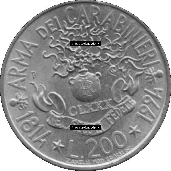 Grau bzw. s/w Bildmaterial einer Münze aus Italien / Italia als PNG-Grafik 1994-1994, 200 Lire 180 Jahre Carabinieri 1994-01. Rückseite einer alten italienischen 200 Lire Gedenkmünze,... Sammlung Graustufen