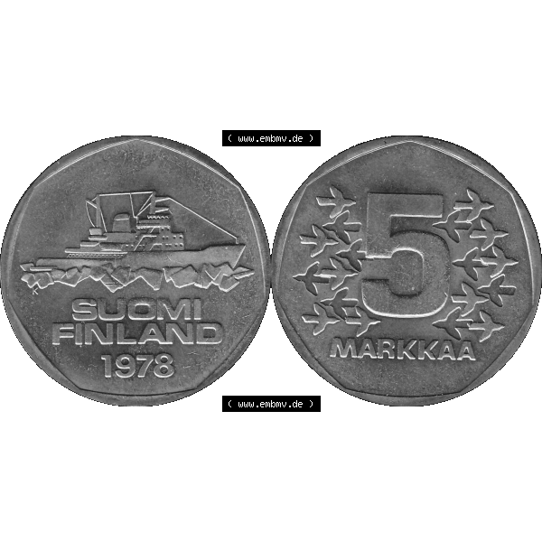 Grau bzw. s/w Alte Münzen KMS Finnland, Kursmünzensatz 1978 in Stempelglanz als digitales Computerbild einer finnischen digitalisierten Münze in transparenten PNG 1972-1978, 5 finnische Mark,... Sammlung Graustufen