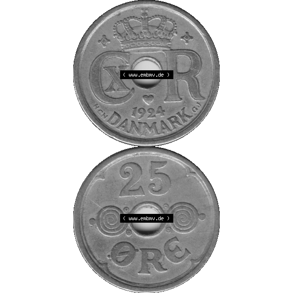 Grau bzw. s/w Alte Münze aus Dänemark als PNG-Grafik 1924-1947, 25 Öre 1924-01 Kursmünze. Vorderseite und Rückseite vertikal auf einen digitalen Bild der alten dänischen Umlaufmünze... Sammlung Graustufen
