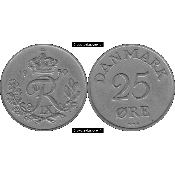 Grau bzw. s/w Alte Münze aus Dänemark als PNG-Grafik 1948-1960, 25 Öre 1950-01. Vorderseite und Rückseite horizontal auf einen digitalen Bild der alten dänischen Umlaufmünze... Sammlung Graustufen