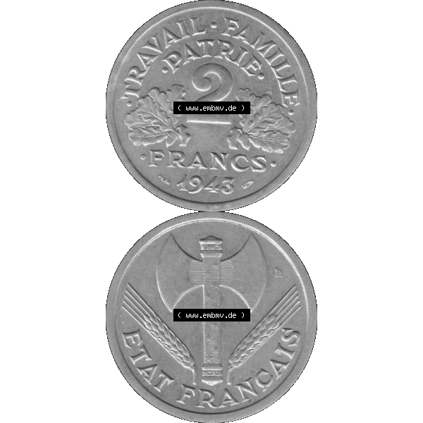 Grau bzw. s/w Münzen Frankreich Umlaufmünze in PNG einer Münze aus Frankreich 1943-1944, 2 Francs, Franken 1943-01. Vorderseite und Rückseite vertikal auf einen digitalen Bild... Sammlung Graustufen