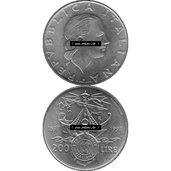 Grau bzw. s/w Bildmaterial einer Münze aus Italien / Italia als PNG-Grafik 1997-1997, 200 Lire Italienische Meeresliga 1997-01. Vorderseite und Rückseite vertikal untereinander auf einen digitalen... Sammlung Graustufen