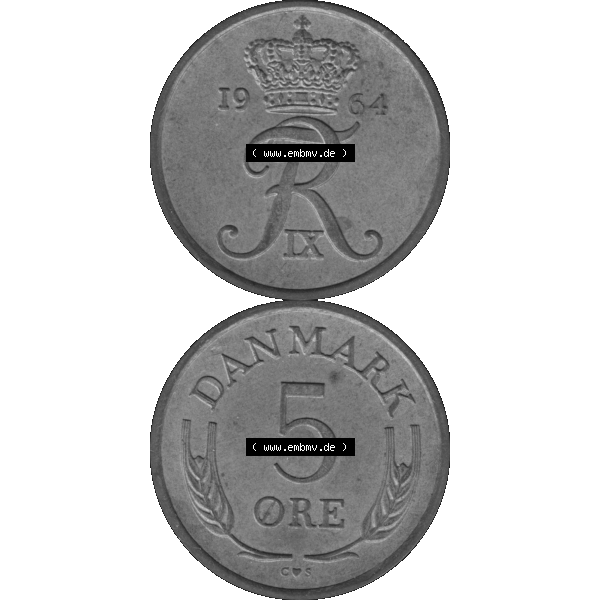Grau bzw. s/w Alte Münze aus Dänemark als PNG-Grafik 1960-1972, 5 Öre 1964-01. Vorderseite und Rückseite vertikal auf einen digitalen Bild der alten dänischen Umlaufmünze aus... Sammlung Graustufen