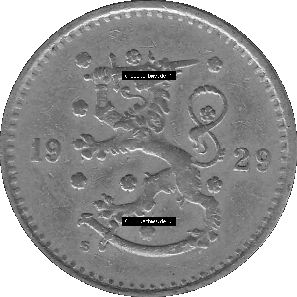 Grau bzw. s/w Alte Münzen KMS Finnland, Kursmünzensatz in PNG Design einer finnischen Münze 1921-1940, 50 Penny, Penniä 1929. Vorderseite einer Münze in transparenten... Sammlung Graustufen