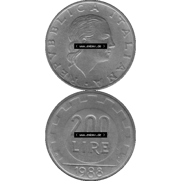 Grau bzw. s/w Bildmaterial einer Münze aus Italien / Italia als PNG-Grafik 1977-2001, 200 Lire, Zahnrad 1988-01. Vorderseite und Rückseite vertikal untereinander auf einen digitalen... Sammlung Graustufen