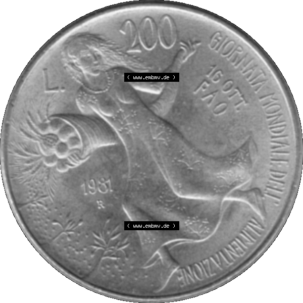 Grau bzw. s/w Bildmaterial einer Münze aus Italien / Italia als PNG-Grafik 1981-1981, 200 Lire FAO - Welternährungstag 1981-01. Rückseite einer alten italienischen 200 Lire Gedenkmünze,... Sammlung Graustufen