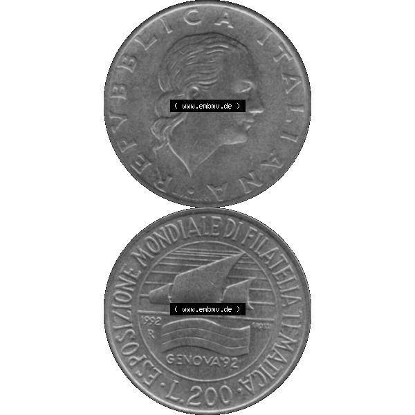 Grau bzw. s/w Bildmaterial einer Münze aus Italien / Italia als PNG-Grafik 1992-1992, 200 Lire Briefmarkenausstellung in Genua 1992-01. Vorderseite und Rückseite vertikal untereinander auf... Sammlung Graustufen