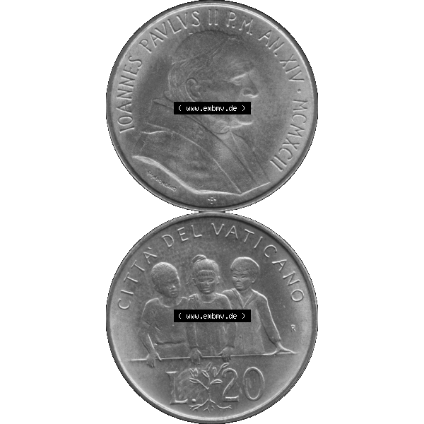 Grau bzw. s/w Alte Münze aus der Vatikanstadt / Vatikan als PNG-Grafik 1992-1992, 20 Lire Papst Giovanni Paolo II. 1992-01. Vorderseite und Rückseite vertikal auf einen digitalen Bild... Sammlung Graustufen