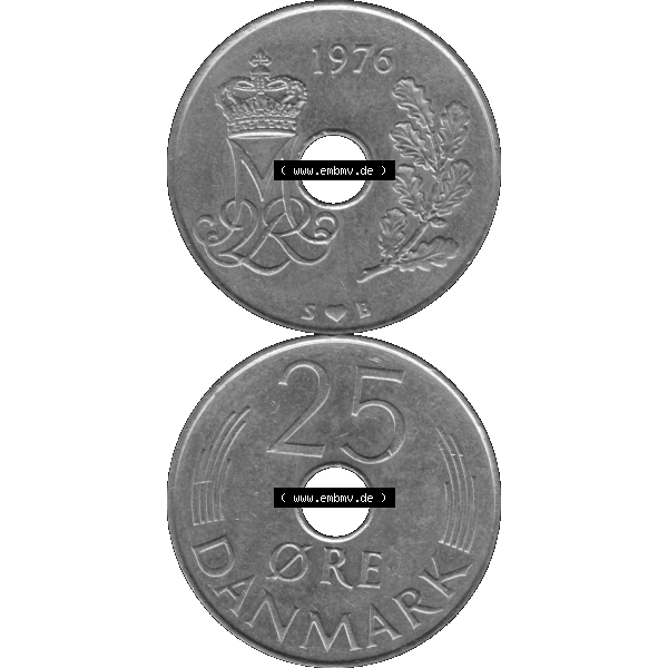 Grau bzw. s/w Alte Münze aus Dänemark als PNG-Grafik 1973-1988, 25 Öre 1976-01. Vorderseite und Rückseite vertikal auf einen digitalen Bild der alten dänischen Umlaufmünze... Sammlung Graustufen
