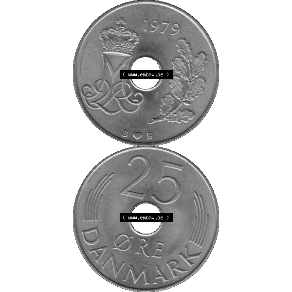 Grau bzw. s/w Alte Münze aus Dänemark als PNG-Grafik 1973-1988, 25 Öre 1979-01. Vorderseite und Rückseite vertikal auf einen digitalen Bild der alten dänischen Umlaufmünze... Sammlung Graustufen