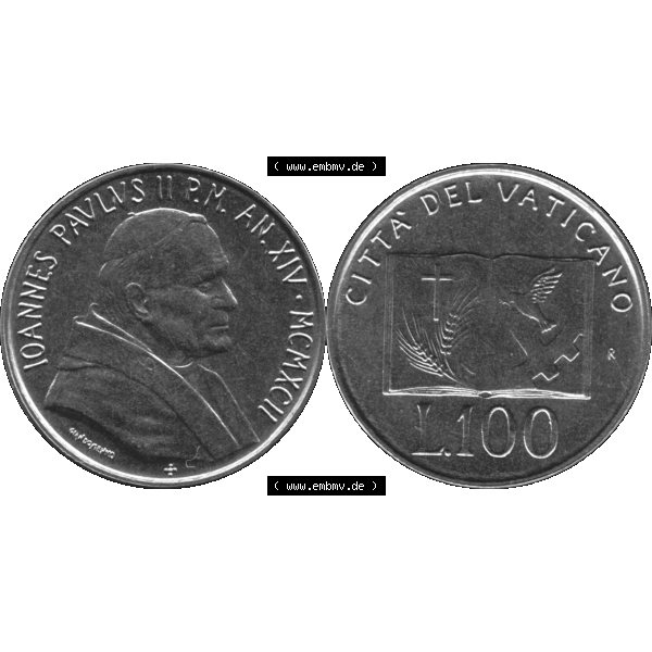Grau bzw. s/w Alte Münze aus der Vatikanstadt / Vatikan als PNG-Grafik 1992-1992, 100 Lire Papst Giovanni Paolo II 1992-01. Vorderseite und Rückseite horizontal auf einen digitalen Bild der... Sammlung Graustufen