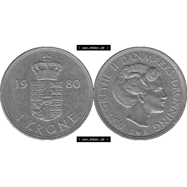 Grau bzw. s/w Alte Münze aus Dänemark als PNG-Grafik 1979-1981, 1 Krone 1980 Kursmünze-01. Vorderseite und Rückseite horizontal auf einen digitalen Bild der alten dänischen Umlaufmünze... Sammlung Graustufen