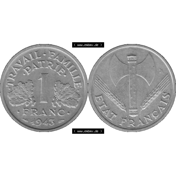 Grau bzw. s/w Münzen Frankreich Umlaufmünze in PNG einer Münze aus Frankreich 1942-1944, 1 Franc, Franken 1943-01. Vorderseite und Rückseite horizontal auf einen digitalen Bild... Sammlung Graustufen