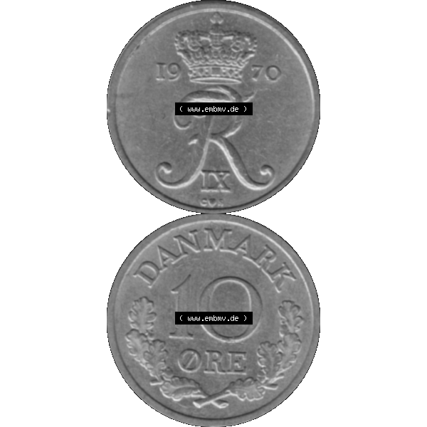 Grau bzw. s/w Alte Münze aus Dänemark als PNG-Grafik 1960-1972, 10 Öre 1970-02. Vorderseite und Rückseite vertikal auf einen digitalen Bild der alten dänischen Umlaufmünze... Sammlung Graustufen