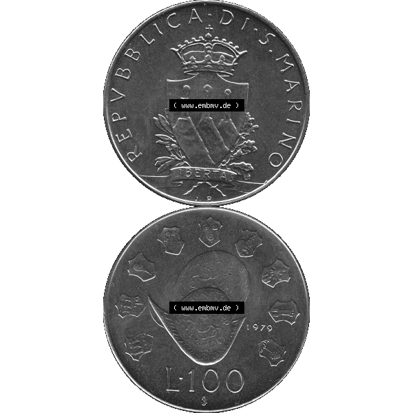 Grau bzw. s/w Bildmaterial Münzensatz / KMS 1979 aus San Marino in Graustufen 1979-1979, 100 Lire, J.P. LIBERTAS REPVBBLICA DI S. MARINO L.100 Graustufen. PNG... Sammlung Graustufen
