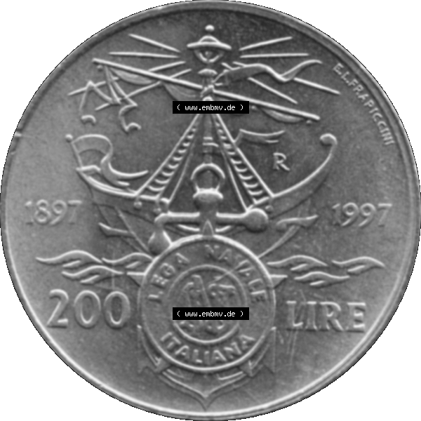 Grau bzw. s/w Bildmaterial einer Münze aus Italien / Italia als PNG-Grafik 1997-1997, 200 Lire Italienische Meeresliga 1997-01. Rückseite einer alten italienischen 200 Lire Gedenkmünze,... Sammlung Graustufen
