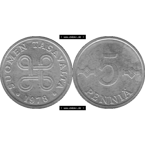 Grau bzw. s/w Alte Münzen KMS Finnland, Kursmünzensatz 1978 in Stempelglanz als digitales Computerbild einer finnischen digitalisierten Münze in transparenten PNG 1977-1990, 5 Penny,... Sammlung Graustufen