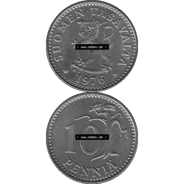 Grau bzw. s/w Alte Münzen KMS Finnland, Kursmünzensatz 1976 in Stempelglanz als digitales Computerbild in transparenten PNG 1963-1982, 10 Penny, Penniä 1976-1, SUOMEN TASAVALTA.... Sammlung Graustufen