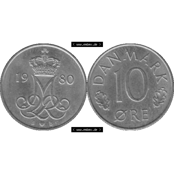 Grau bzw. s/w Alte Münze aus Dänemark als PNG-Grafik 1973-1988, 10 Öre 1980-01. Vorderseite und Rückseite horizontal auf einen digitalen Bild der alten dänischen Umlaufmünze... Sammlung Graustufen