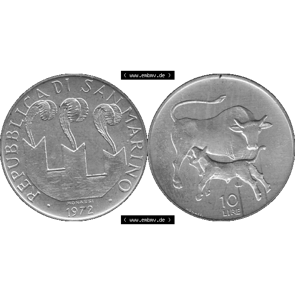 Grau bzw. s/w Bildmaterial in PNG-Grafiken Münzensatz / KMS 1972 aus San Marino 1972-1972, Münze 10 Lire 1972, MONASSI REPUBBLICA DI SAN MARINO, 10 LIRE. Die digitalisierte Münze... Sammlung Graustufen