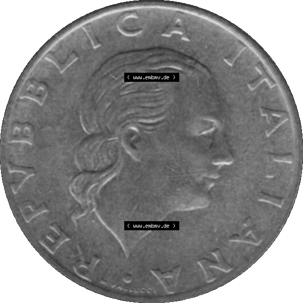 Grau bzw. s/w Bildmaterial einer Münze aus Italien / Italia als PNG-Grafik 1992-1992, 200 Lire Briefmarkenausstellung in Genua 1992-01. Vorderseite einer alten italienischen 200 Lire Gedenkmünze,... Sammlung Graustufen