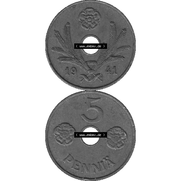 Grau bzw. s/w Alte Münzen KMS Finnland, Kursmünzensatz Finnland in transparenten digitalen PNG-Format 1941-1943, 5 Penny, Penniä, Kupfer 1941-1. Die digitalisierte Münze... Sammlung Graustufen