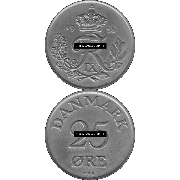 Grau bzw. s/w Alte Münze aus Dänemark als PNG-Grafik 1948-1960, 25 Öre 1958-01. Vorderseite und Rückseite vertikal auf einen digitalen Bild der alten dänischen Umlaufmünze... Sammlung Graustufen