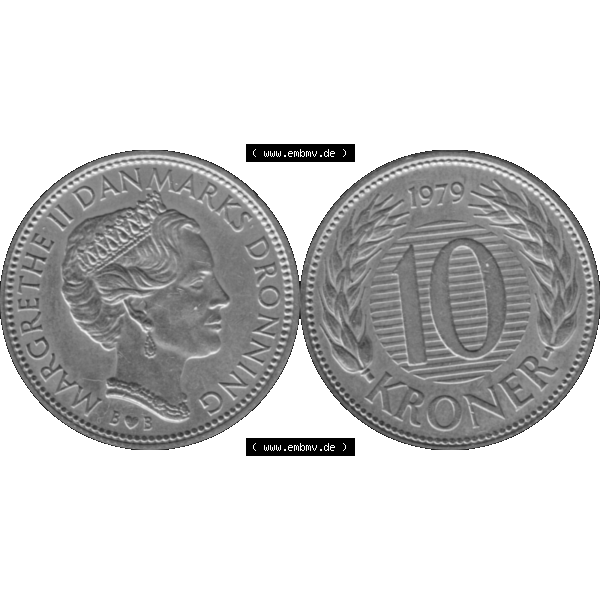 Grau bzw. s/w Alte Münze aus Dänemark als PNG-Grafik 1979-1988, 10 Kronen 1979-01. Vorderseite und Rückseite horizontal auf einen digitalen Bild der alten dänischen Umlaufmünze... Sammlung Graustufen
