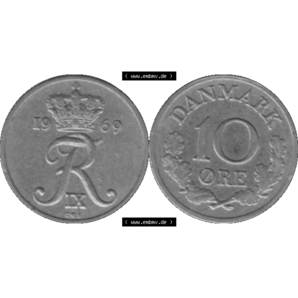 Grau bzw. s/w Alte Münze aus Dänemark als PNG-Grafik 1960-1972, 10 Öre 1969-01. Vorderseite und Rückseite horizontal auf einen digitalen Bild der alten dänischen Umlaufmünze... Sammlung Graustufen