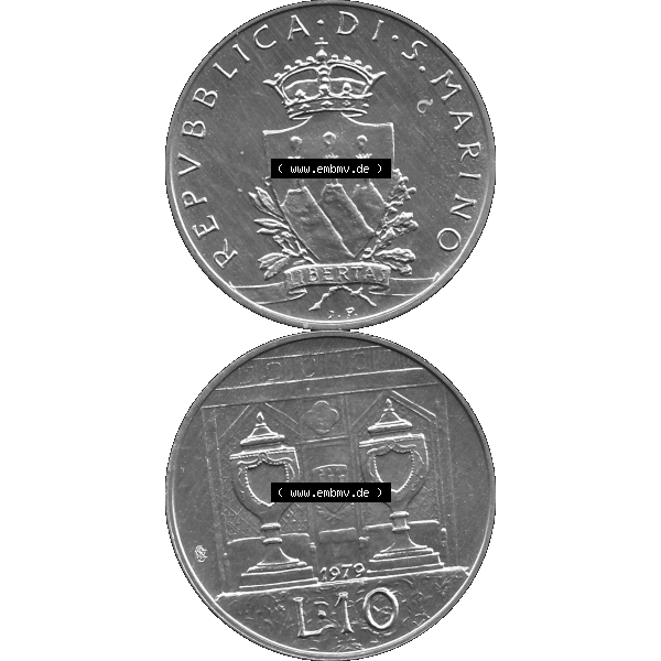 Grau bzw. s/w Bildmaterial Münzensatz / KMS 1979 aus San Marino im PNG-Format 1979-1979, 10 Lire, J. V. LIBERTAS REPVBBLICA DI S. MARINO, 1979 L.10. Vorderseite... Sammlung Graustufen
