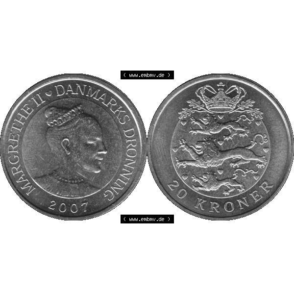Grau bzw. s/w Münze aus Dänemark als PNG-Grafik 2003-2010, 20 Kronen 2007-01. Vorderseite und Rückseite horizontal auf einen digitalen Bild der dänischen Umlaufmünze aus Dänemark... Sammlung Graustufen