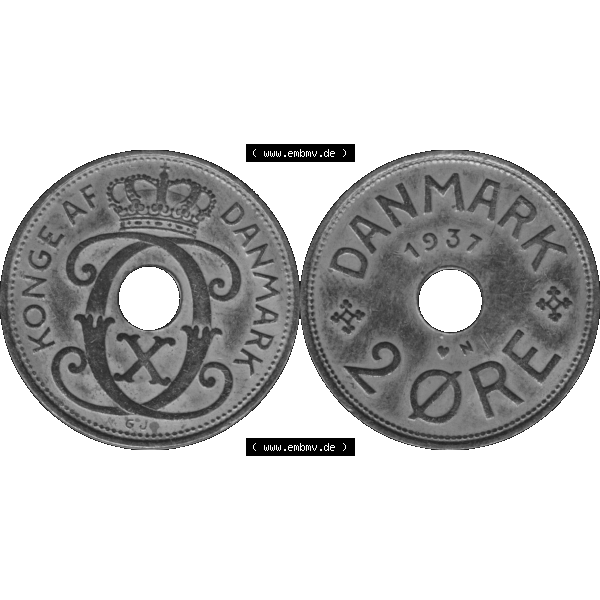 Grau bzw. s/w Alte Münze aus Dänemark als PNG-Grafik 1926-1940, 2 Öre 1937-01 Kursmünze. Vorderseite und Rückseite horizontal auf einen digitalen Bild der alten dänischen Umlaufmünze... Sammlung Graustufen