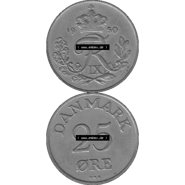 Grau bzw. s/w Alte Münze aus Dänemark als PNG-Grafik 1948-1960, 25 Öre 1950-01. Vorderseite und Rückseite vertikal auf einen digitalen Bild der alten dänischen Umlaufmünze... Sammlung Graustufen