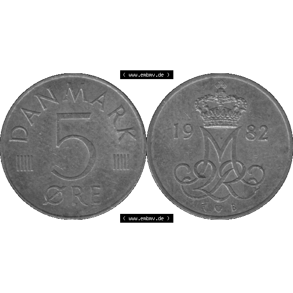 Grau bzw. s/w Alte Münze aus Dänemark als PNG-Grafik 1982-1988, 5 Öre 1982 Kursmünzen-01. Vorderseite und Rückseite horizontal auf einen digitalen Bild der alten dänischen... Sammlung Graustufen