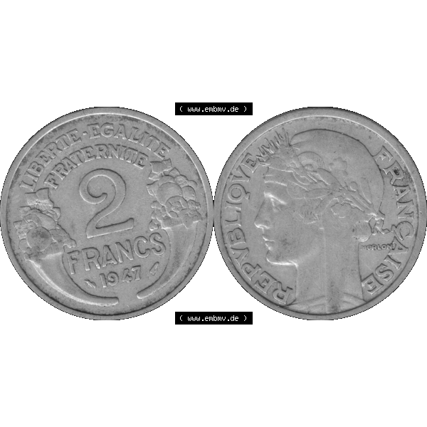 Grau bzw. s/w Münzen Frankreich Umlaufmünze in PNG einer Münze aus Frankreich 1941-1959, 2 Francs, Franken 1947-01. Vorderseite und Rückseite horizontal auf einen digitalen Bild... Sammlung Graustufen