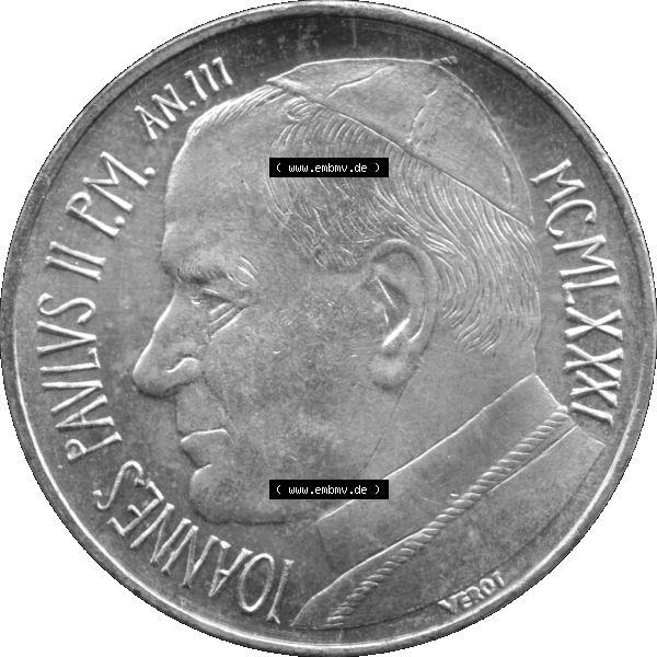 Grau bzw. s/w Alte Münze aus der Vatikanstadt / Vatikan als PNG-Grafik 1981-1981, 500 Lire Silbermünze Papst Johannes Paul II. 1981-01. Vorderseite der alten vatikanischen Umlaufmünze... Sammlung Graustufen