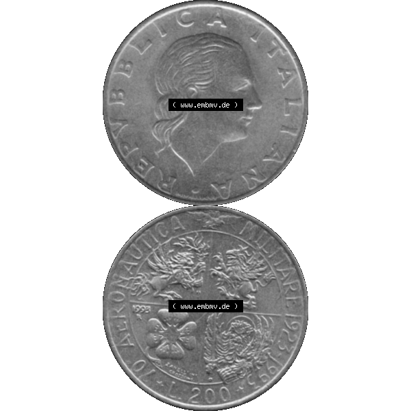 Grau bzw. s/w Bildmaterial einer Münze aus Italien / Italia als PNG-Grafik 1993-1993, 200 Lire Militärischen Luftfahrt 1993-01. Vorderseite und Rückseite vertikal untereinander auf einen... Sammlung Graustufen