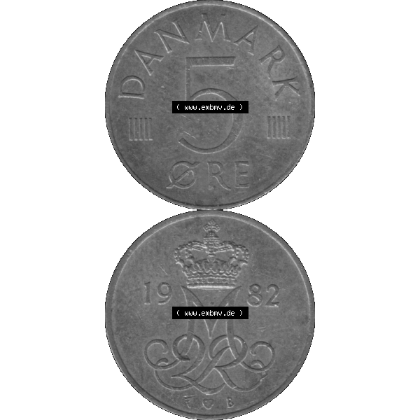 Grau bzw. s/w Alte Münze aus Dänemark als PNG-Grafik 1982-1988, 5 Öre 1982 Kursmünzen-01. Vorderseite und Rückseite vertikal auf einen digitalen Bild der alten dänischen Umlaufmünze... Sammlung Graustufen