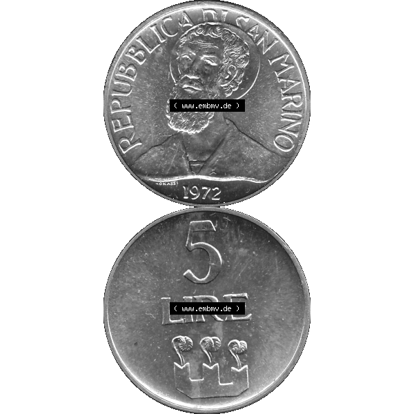 Grau bzw. s/w Bildmaterial in PNG-Grafiken Münzensatz / KMS 1972 aus San Marino 1972-1972, Münze 5 Lire, 1972, LIRE MONASSI REPUBBLICA DI SAN MARINO. Die digitalisierte Münze... Sammlung Graustufen