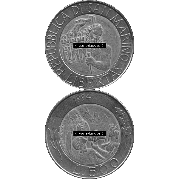 Grau bzw. s/w Gedenkmünzen aus San Marino, in PNG 1994-1994, 500 Lire Steinmetz mit Hammer und Meißel Rauchtürme -1994-01. Vorderseite und Rückseite vertikal auf einen digitalen... Sammlung Graustufen