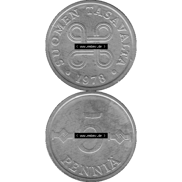 Grau bzw. s/w Alte Münzen KMS Finnland, Kursmünzensatz 1978 in Stempelglanz als digitales Computerbild einer finnischen digitalisierten Münze in transparenten PNG 1977-1990, 5 Penny,... Sammlung Graustufen