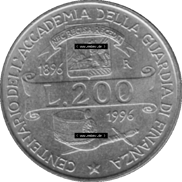 Grau bzw. s/w Bildmaterial einer Münze aus Italien / Italia als PNG-Grafik 1996-1996, 200 Lire Zollakademie 1996-01. Rückseite einer alten italienischen 200 Lire Gedenkmünze, Münze... Sammlung Graustufen