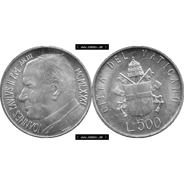 Grau bzw. s/w Alte Münze aus der Vatikanstadt / Vatikan als PNG-Grafik 1981-1981, 500 Lire Silbermünze Papst Johannes Paul II. 1981-01. Vorderseite und Rückseite horizontal auf... Sammlung Graustufen