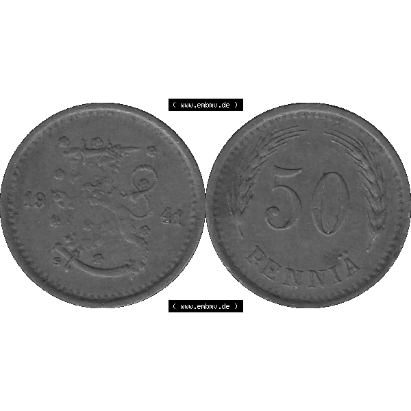 Grau bzw. s/w Alte Münzen KMS Finnland, Kursmünzensatz Finnland in transparenten digitalen PNG-Format 1940-1943, 50 Penny, Penniä, Kupfer 1941-1. Die digitalisierte Münze... Sammlung Graustufen