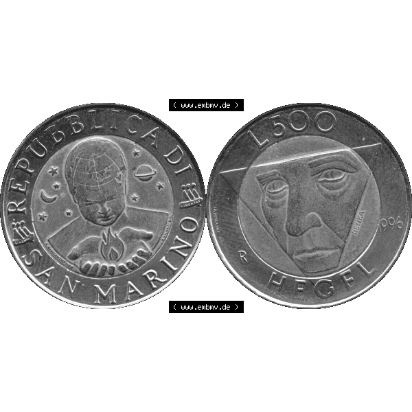 Grau bzw. s/w Gedenkmünzen aus San Marino, in PNG 1996-1996, 500 Lire Die Künste 1996-01. Vorderseite und Rückseite horizontal auf einen digitalen Bild der alten Gedenkmünze aus... Sammlung Graustufen