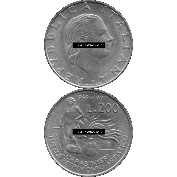 Grau bzw. s/w Bildmaterial einer Münze aus Italien / Italia als PNG-Grafik 1999-1999, 200 Lire Carabinieri, Schutz der Kunsterbe 1999-01. Vorderseite und Rückseite vertikal untereinander... Sammlung Graustufen