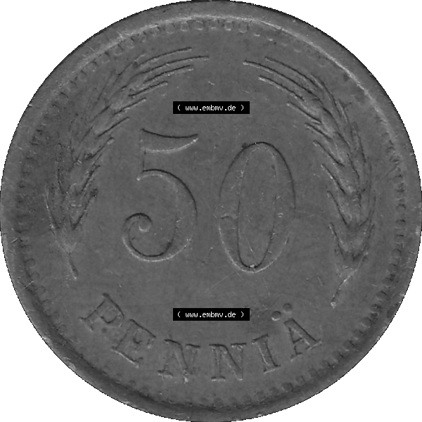 Grau bzw. s/w Alte Münzen KMS Finnland, Kursmünzensatz Finnland in transparenten digitalen PNG-Format 1940-1943, 50 Penny, Penniä, Kupfer 1941-1. Die digitalisierte Münze... Sammlung Graustufen